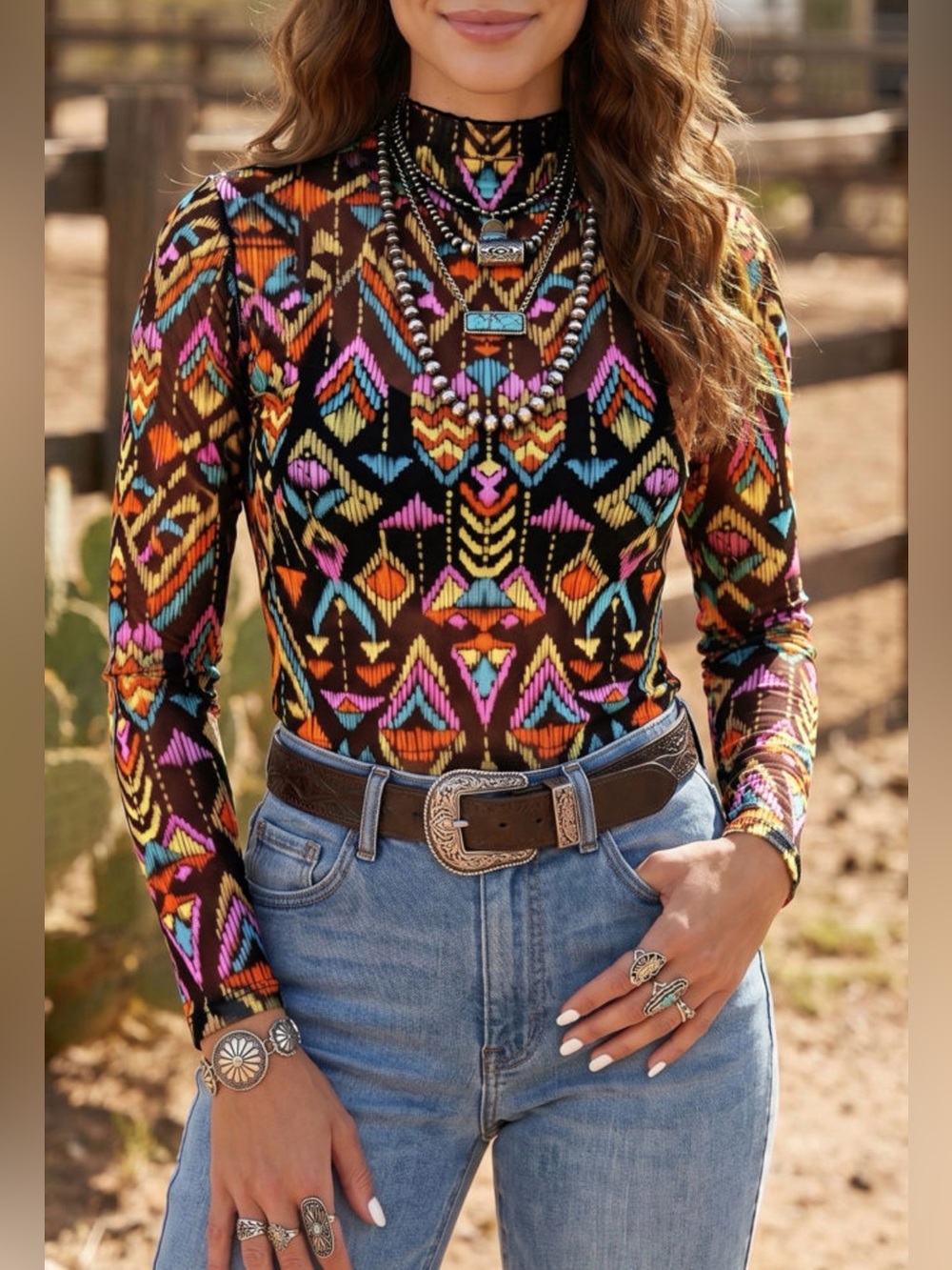 Color black abstract print long sleeve stand neck mesh top